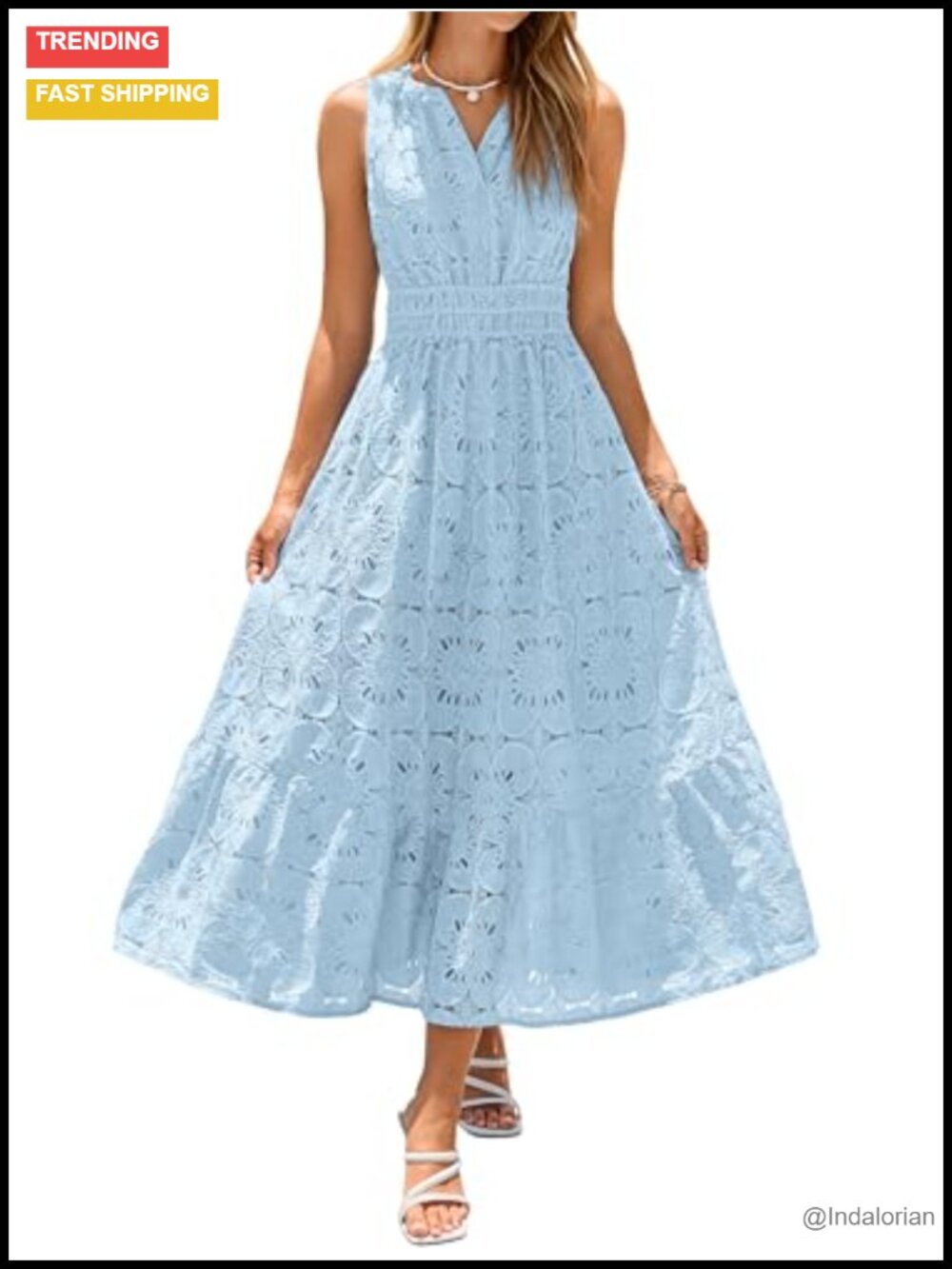 Simplee Eyelet Lace Maxi Dress V Neck Sleeveless A Line Boho Flowy Sundress